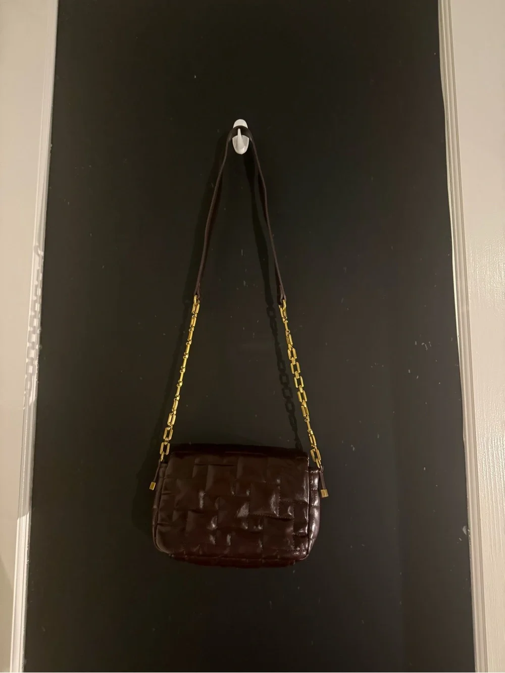 Zara Chocolate Brown Faux Leather Shoulder Bag with Gold Chain